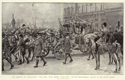 De Opening van het Parlement, de Koning, met Koningin Alexandra, verlaat Buckingham Palace in zijn Staatskoets door Frank Dadd